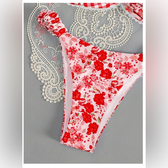 Plaid and Floral Red and White Bikini Set - Picture 4 of 5